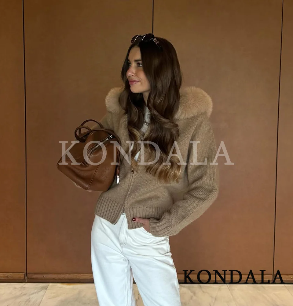 

KONDALA женская элегантная куртка с воротником из искусственного меха, пальто на молнии, осень-зима 202, модная повседневная уличная куртка для поездок на работу