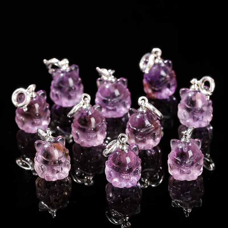 1 Pc Natural Amethyst Stone Nine-Tailed Fox Copper Buckle Pendant Lucky Charm For Jewelry Making Diy Necklace Bracelet Accessory