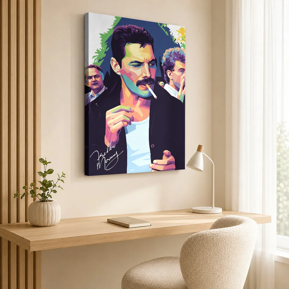Freddie Mercury Pop Art Portrait Framed Canvas Poster Personalized Retro Music Wall Paintings Decoration for Bar Ready to Hang