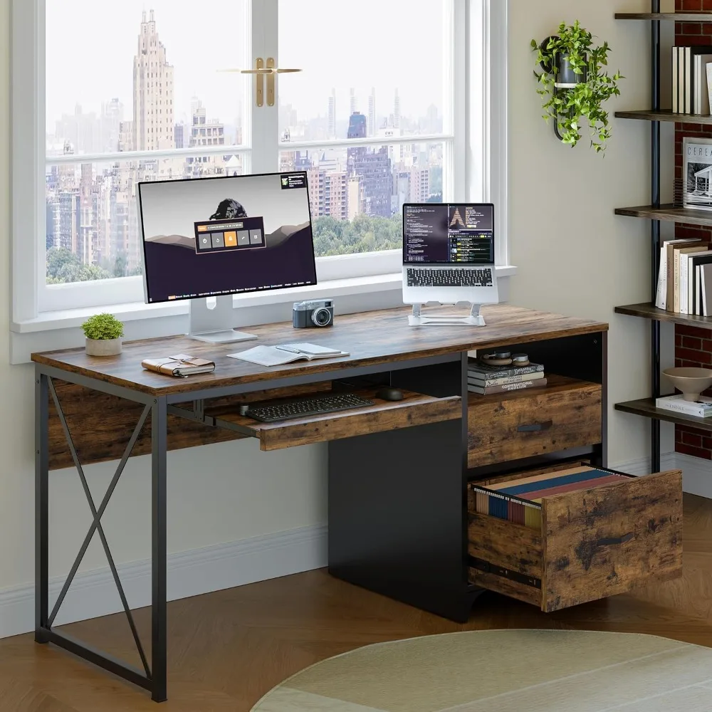 Office Desk with Drawers, 55 Inch Industrial Computer Desk with Storage, Wood Teacher Desk with Keyboard Tray & File Drawer