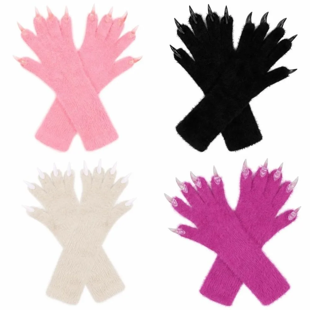 Creative Full Finger Paws Gloves Furry Long Nail Long Warm Mittens Solid Color Animal Claw Gloves Halloween Costume Accessories