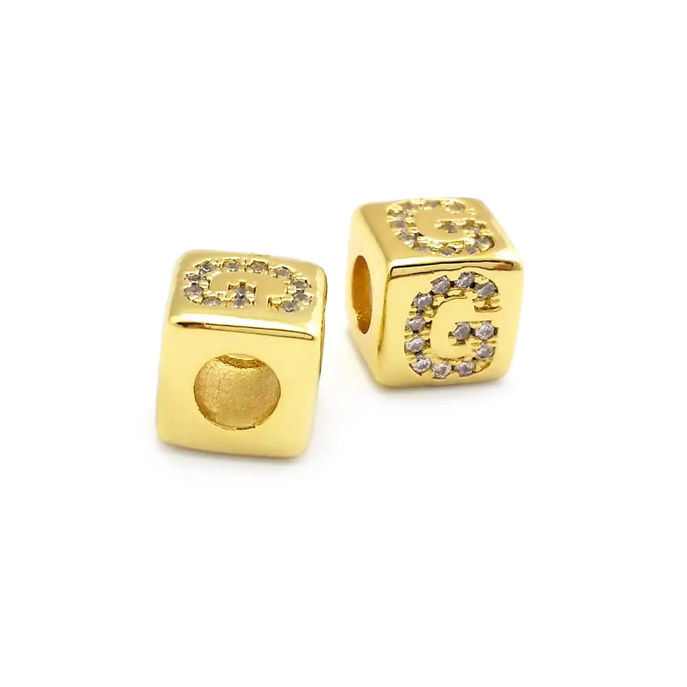 6PCS 8x8MM Hole 4MM 24K Gold Color Brass and Zircon Cube English Letter Large Hole Beads Bracelets Spacer Beads Jewelry Making