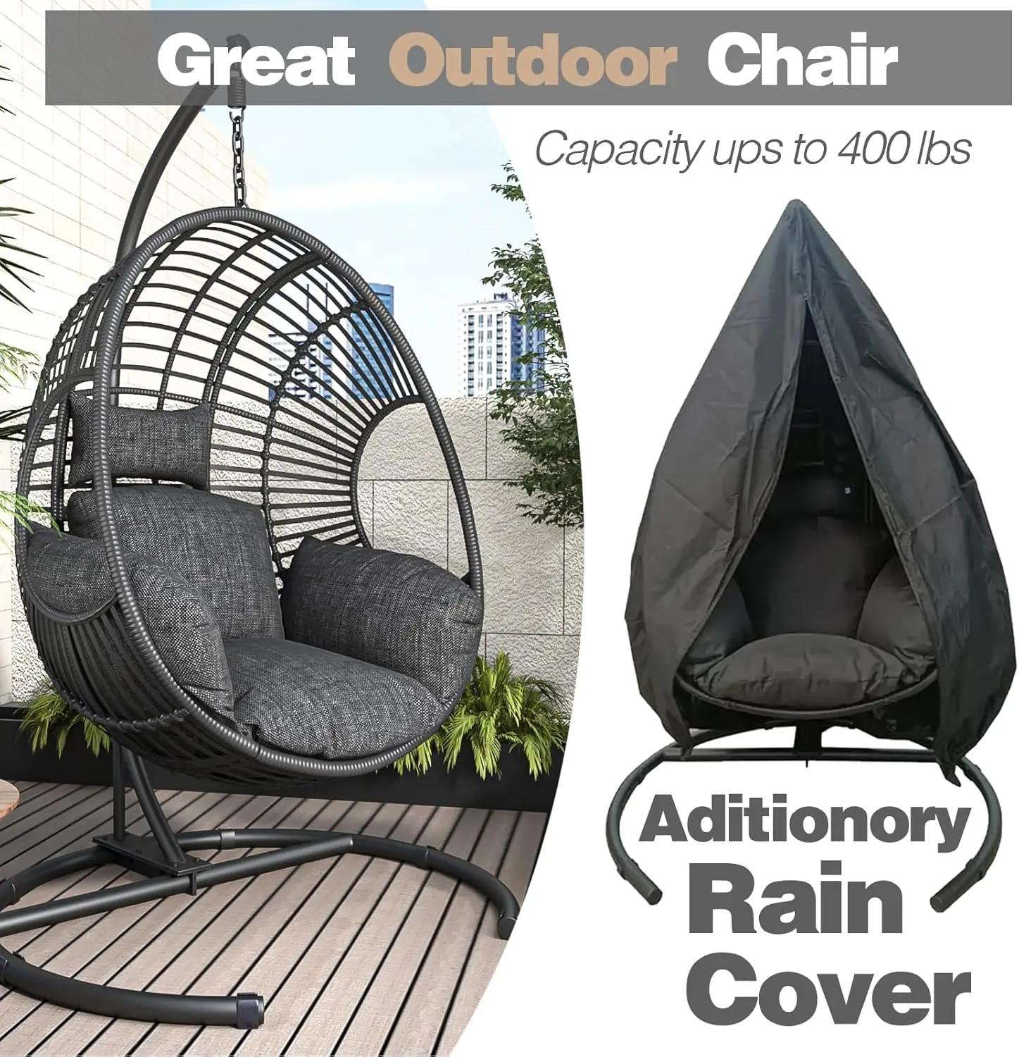 Egg Chair Outdoor Wicker Swing Chair with Stand Rain Cover UV Resistant Cushion 400lbs Capacity for Patio, Garden and Balcony