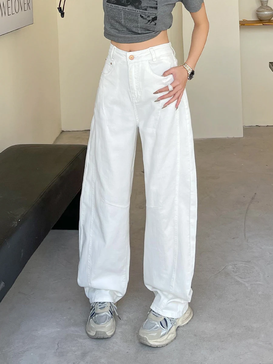 

High Waist Loose Fit White Curved Blade Jeans Women's Spring New Sle INS Hong Kong Sle Versatile Extended Length Pants