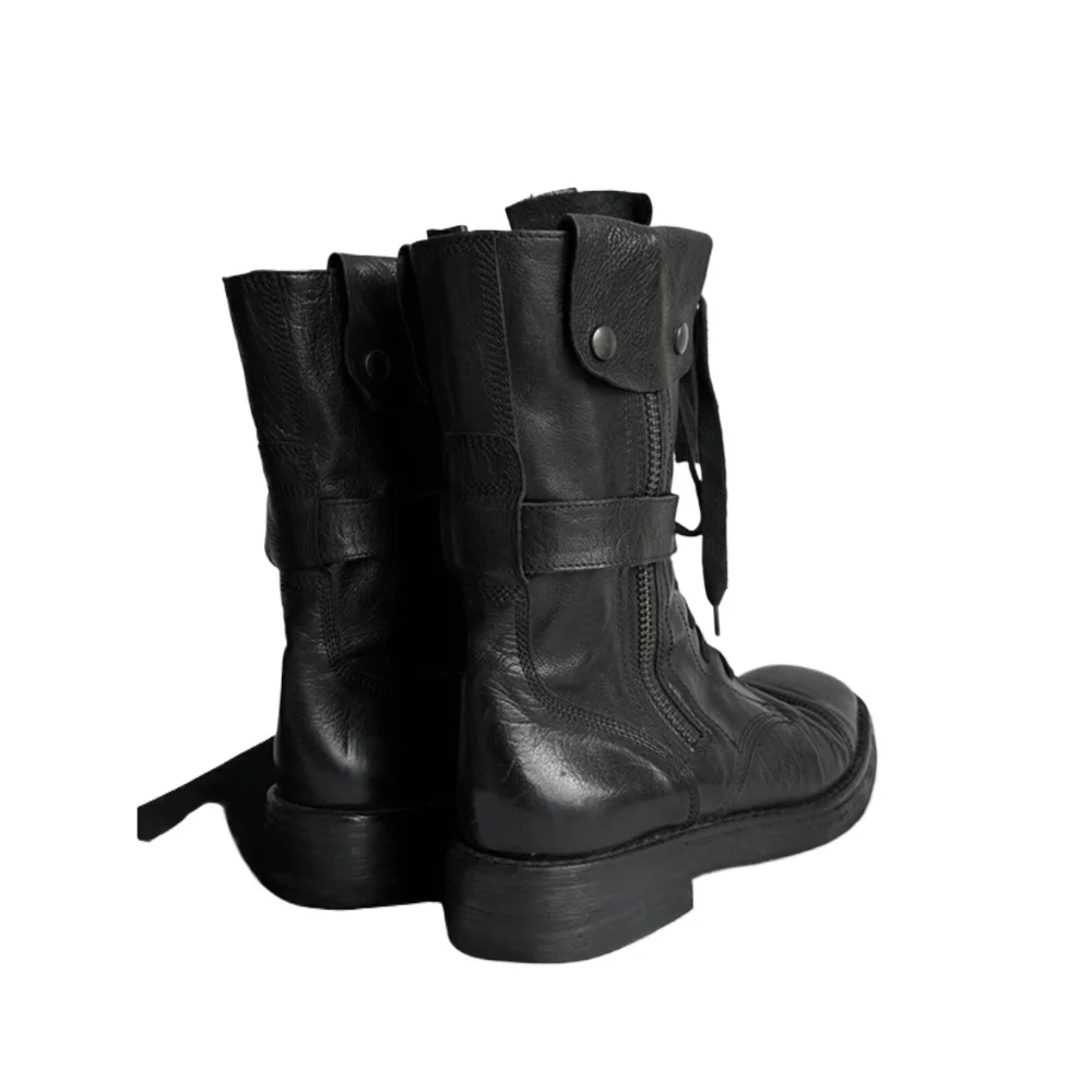 Women's Leather Motorcycle Boots Punk Retro Mid-Calf Western Cowboy Boots Black Soft Belt Buckle Strap High-top Moccasin Shoes view 4