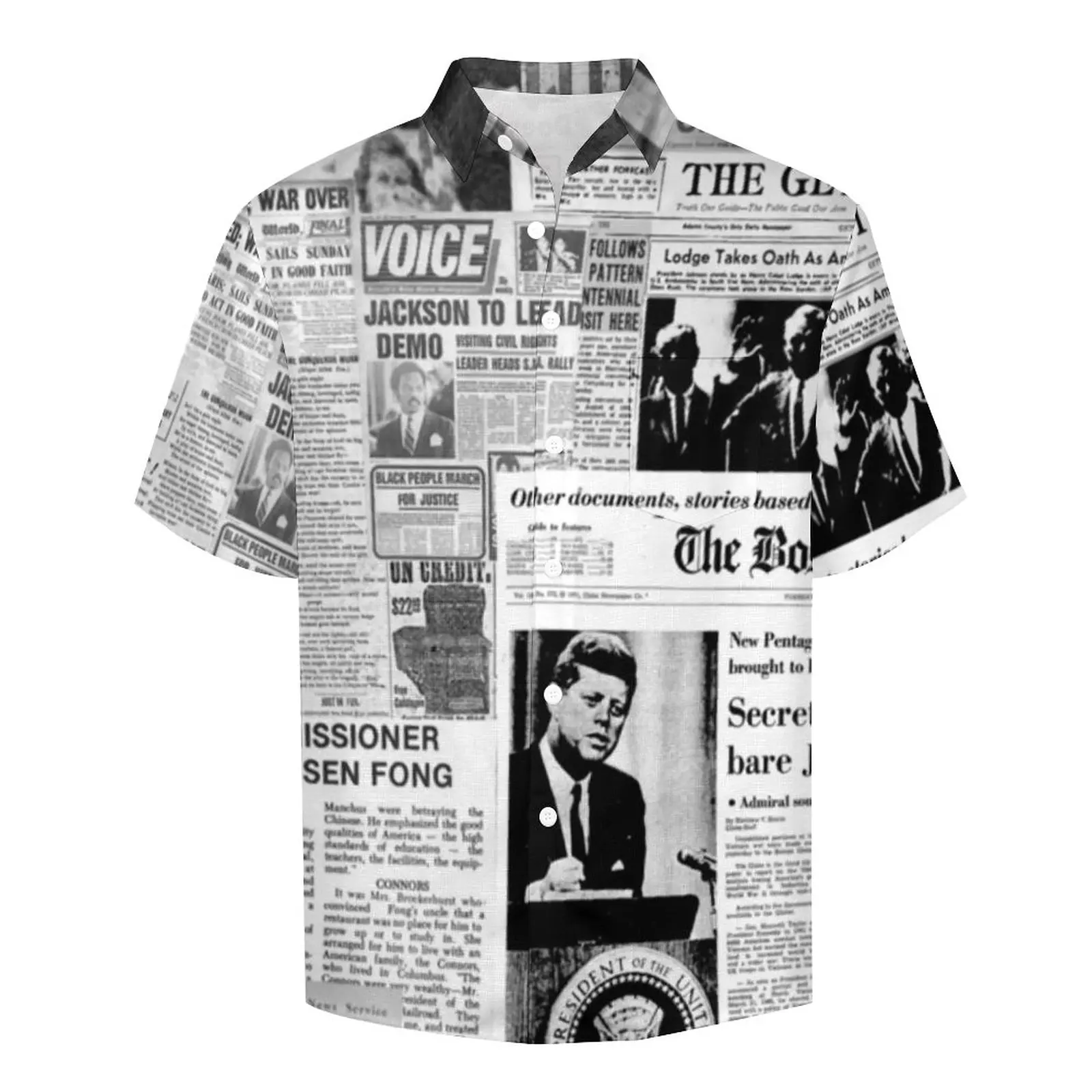 Velho jornal americano camisa casual, camisa de praia solta, blusas de streetwear havaianas, manga curta personalizada Tops grandes