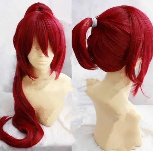 Peluca roja larga para Cosplay Puella Magi Madoka Magica Kyoko Sakura, Clip de cola de caballo