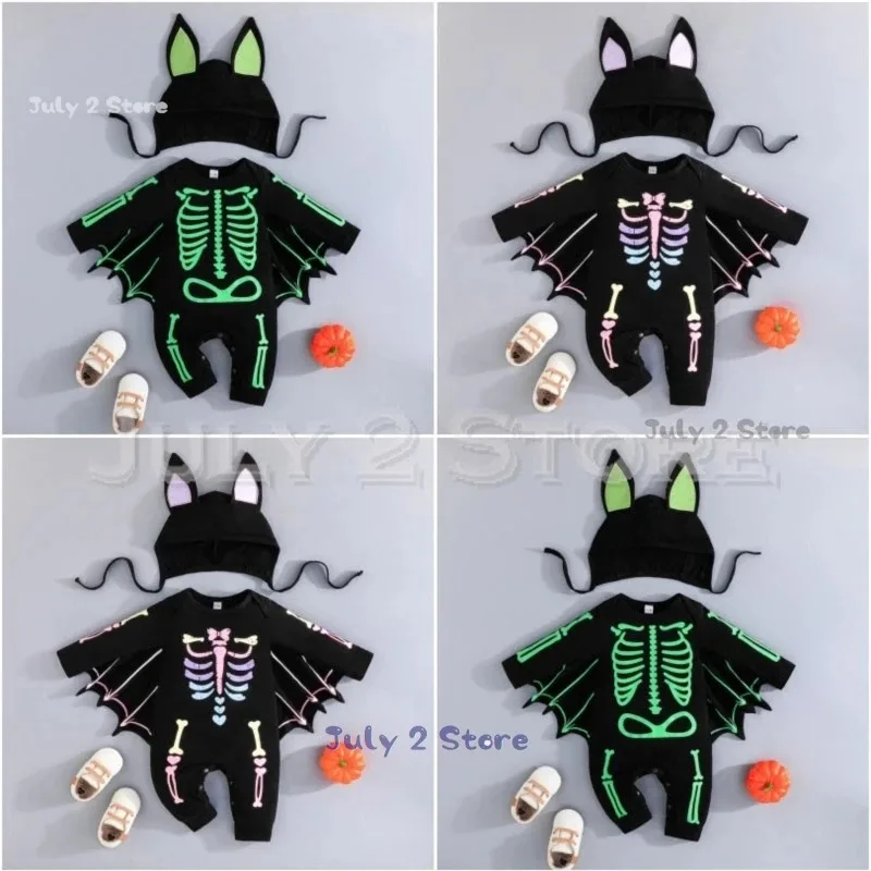 

asdh8@Infant Baby Halloween Cosplay costume Boy Girl Luminous Skull Bat Kids Dark Glow Clothes Wing Party Funny Cute Out