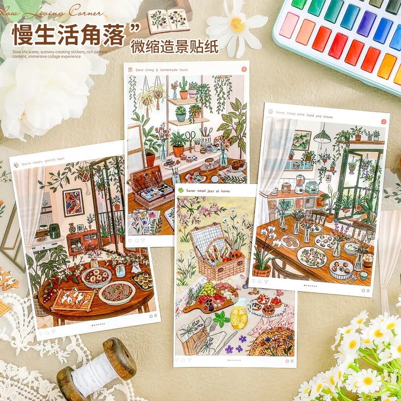 4Pcs Slow Life Corner PET Stickers Mini House Scene Decor Stickers for Journal Album DIY Craft Projects