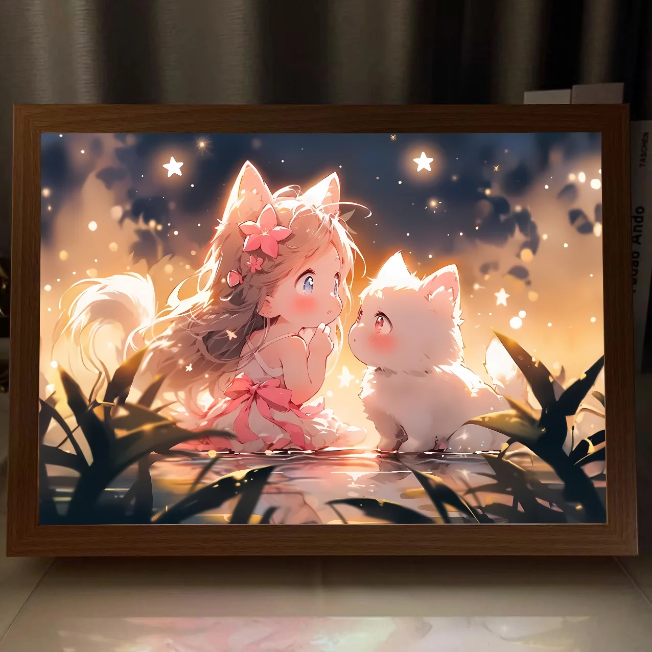 Anime Cat LED Light Painting Night Lamp Led Lamp Photo Frame Animal Landscape Bedside Decoration Tricolor Picture Christmas Gift