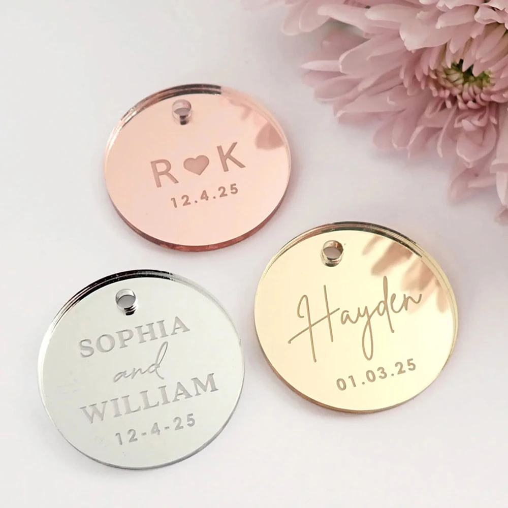 

30pcs Personalised Wedding Favour Name Tags Wedding Guest Gift Name Tag,Engraved Mirror Round Acrylic Birthday Tags Party Dec