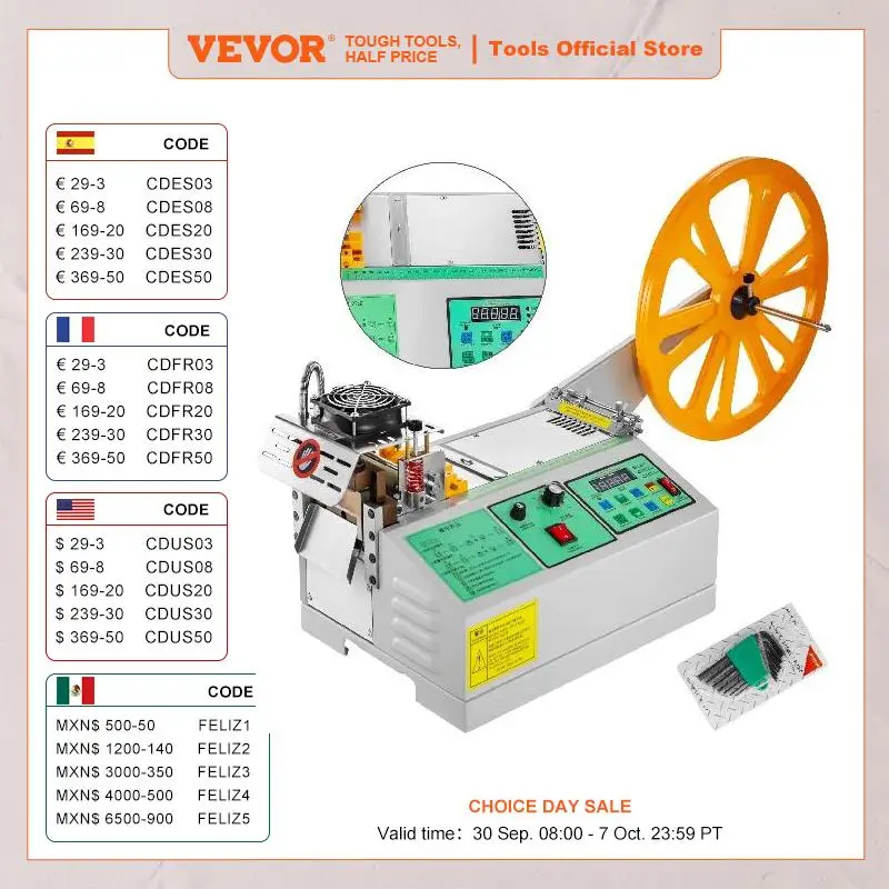 VEVOR Automatic Computer Cloth Tape Cutting Machine Hot and Cold Knife Magic Sticker Tube Zipper Heat Shrink Elastic Cutter Tool