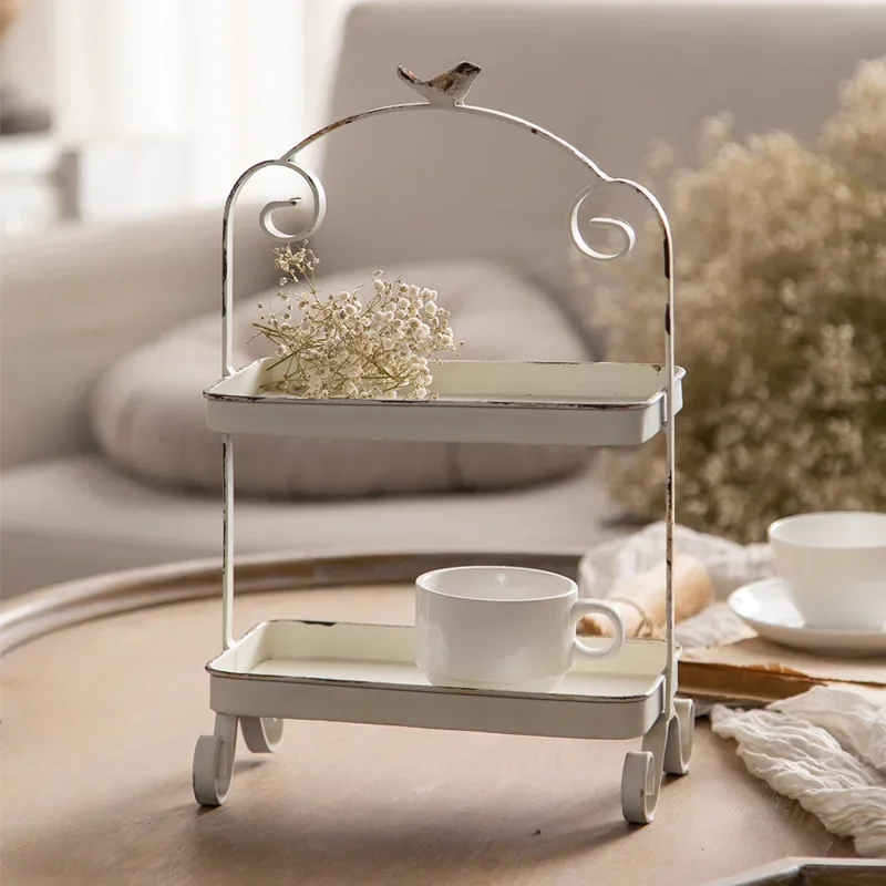 Metal White Double Height Tray with Retro Bird Finale, Cake Stand, Kitchen Storage Accessories