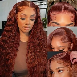 Peluca Frontal de onda profunda marrón rojizo, peluca Frontal de encaje transparente 13x6 HD, cabello humano de onda profunda de color 13x4 sin pegamento