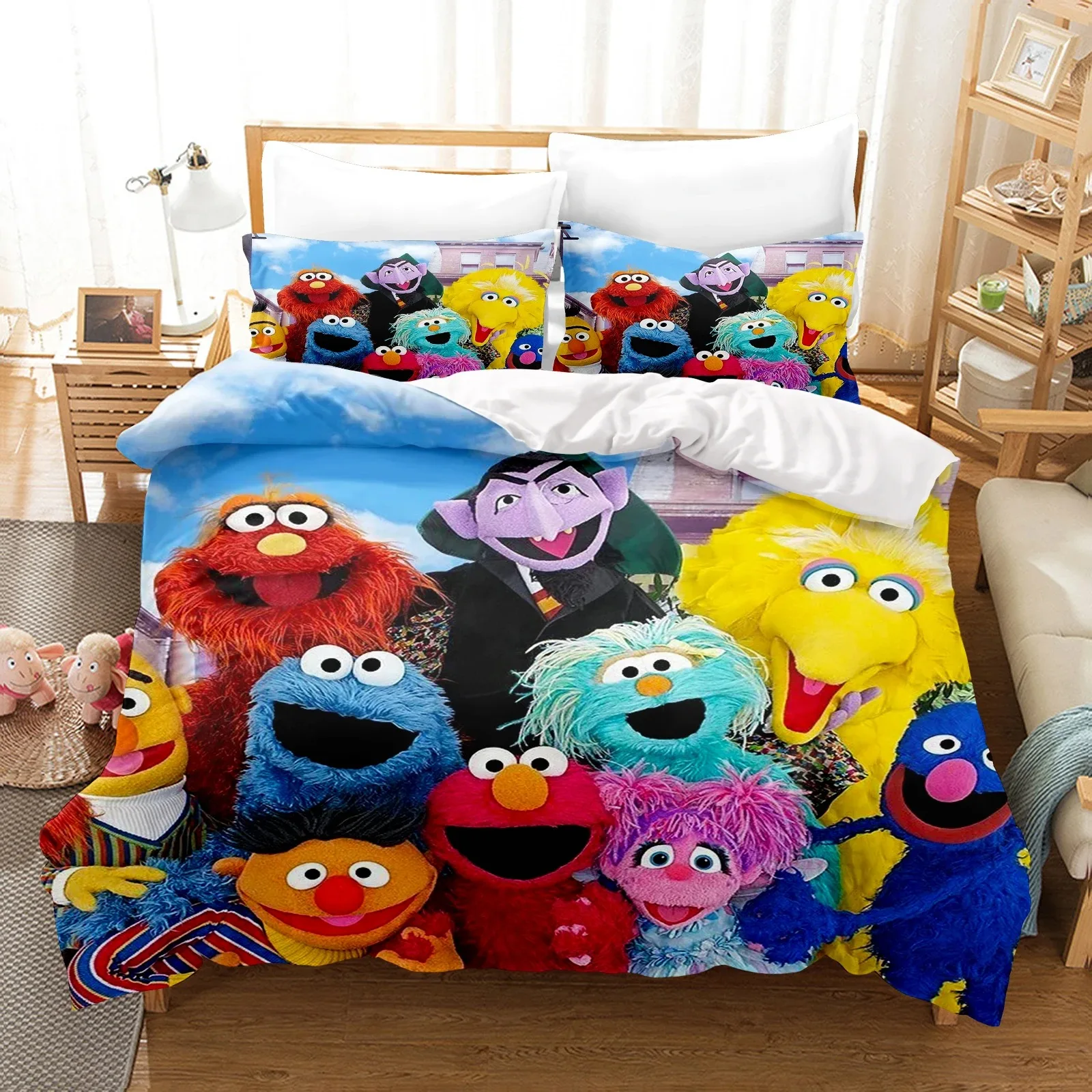 Sesame Street Quilt Cover Cute Printed Cartoon Covers for Teenager Children,Sesame Street Duvet Cover Set Bedding Single Twin