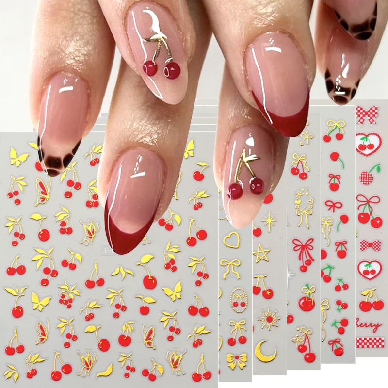 6 Stück metallische goldene Kirsche, Schleife, Band, Nagelaufkleber, niedliche Schleife, Kirschen, süßes Element, Nagelkunst, Slider-Abziehbilder, selbstklebendes Dekor