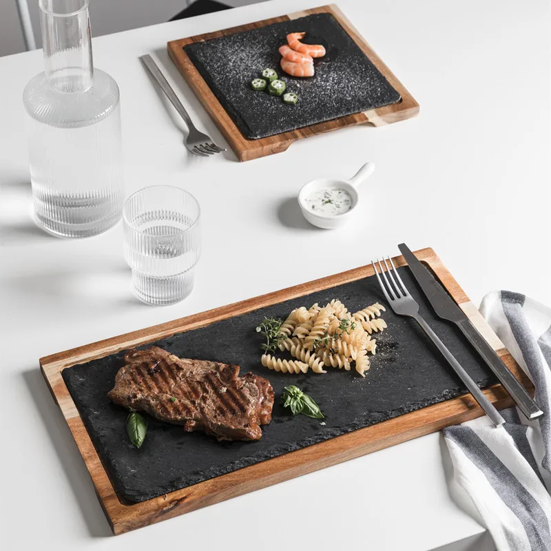 Solid Wood Western Food Plate Snack Plate Wood Plate Black Stone Plate SurfacePackage Plate Acacia Wood Plate Western Food WF