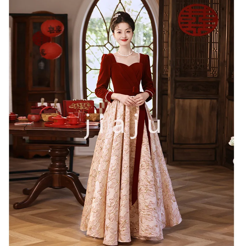 

Toast Bride 2024 New Red Wedding Engagement Banquet Evening Dress Long Sleeve Return Casual Dress