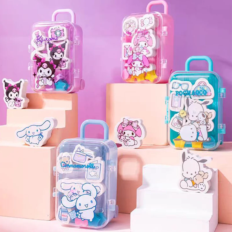 Sanrio Kuromi Cinnamoroll Melody Pochacco caja de almacenamiento con forma de maleta, borradores, borrador de lápiz lindo, herramienta de dibujo de escritura, regalo para niños