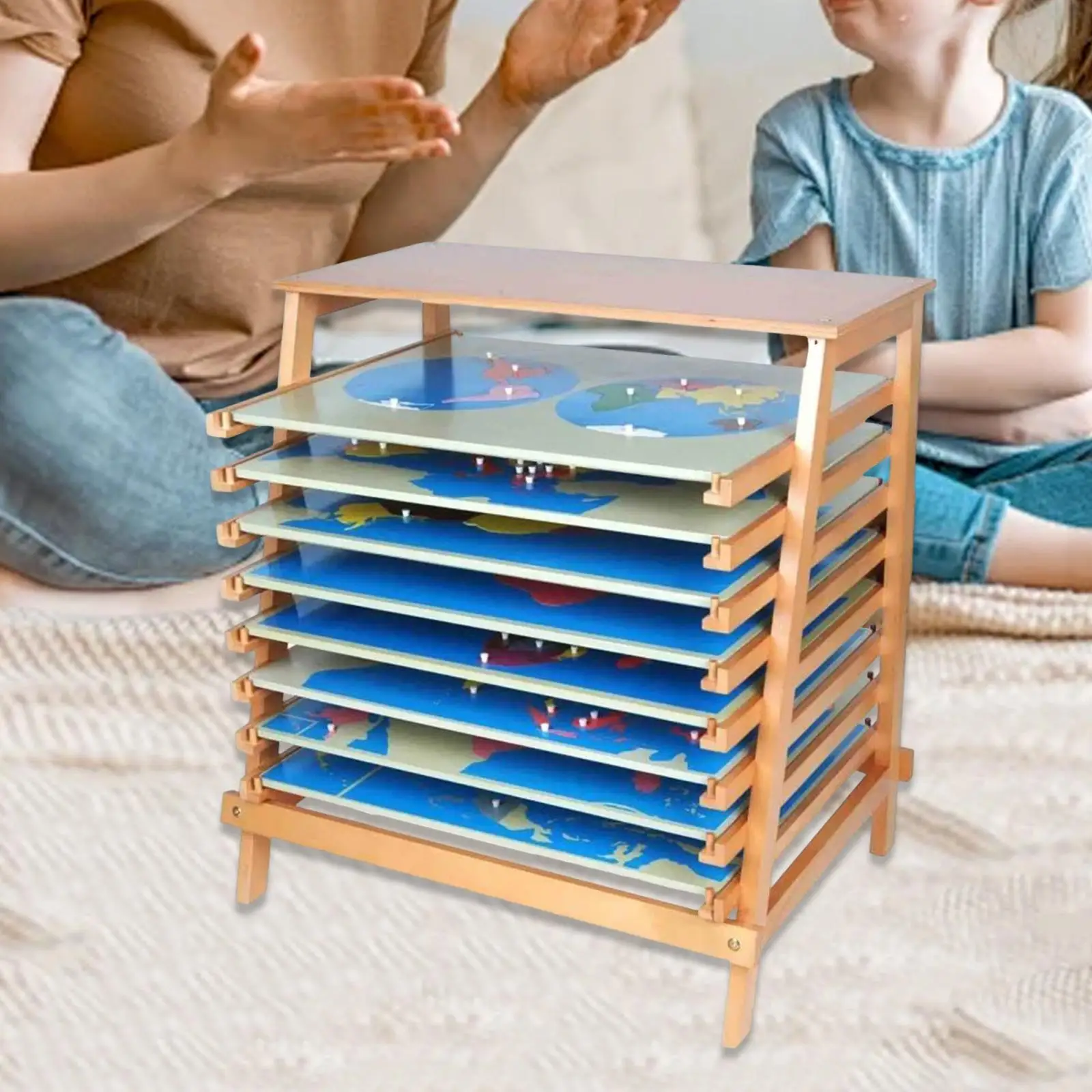 Drewniana półka do klasy, pomoce dydaktyczne, wczesna edukacja, mapa z papieru ściernego, zabawka edukacyjna, mapa-puzzle, stojak do przechowywania map, tablica do układania map-puzzle