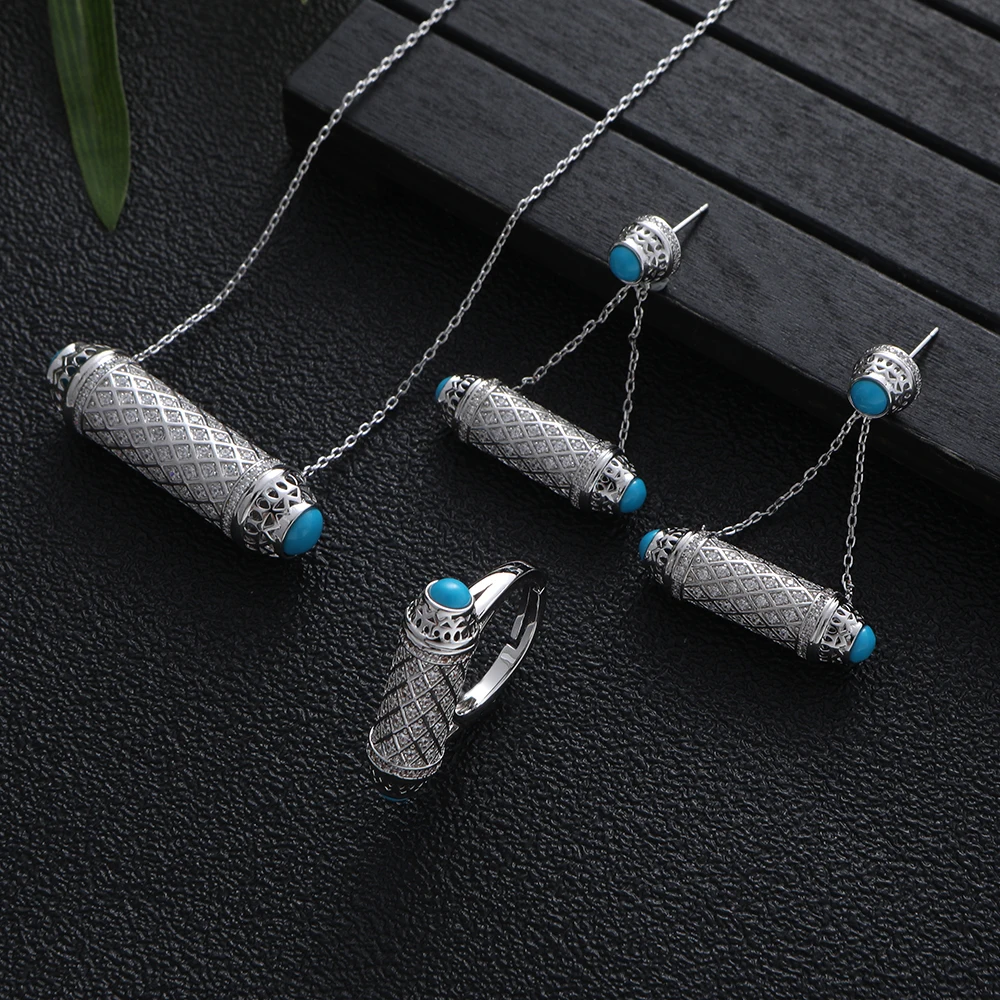 Trendy 3PCS Necklace Earring Ring  Turquois  Jewelry Set For Women Wedding Party Full Zircon Dubai Bridal jewelry Set Gift S440