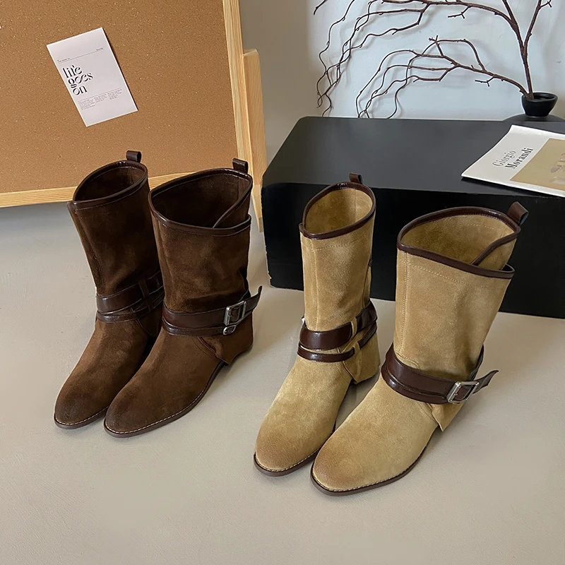 Women Vintage Mid Calf Boots, Double Buckle Strap Decor, Slip On Suede Texture Boots, Low Block Heel Casual Boots for Ladies