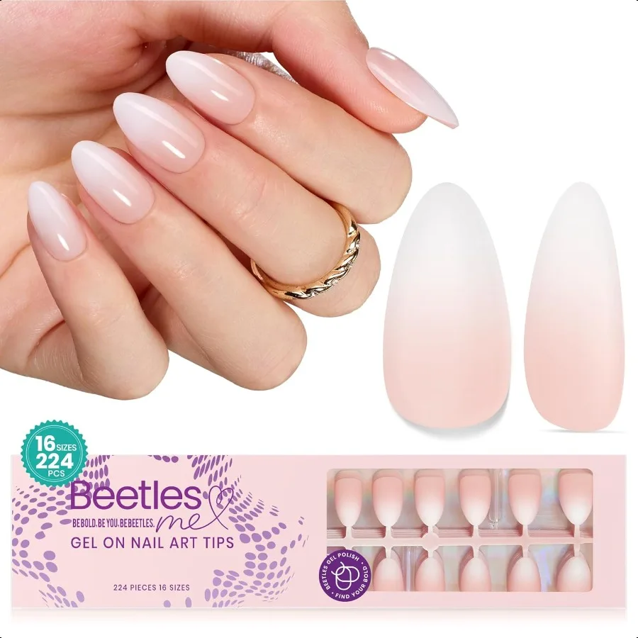 

Beetles Ombre Short Almond Pr on Nails 224 Pcs Gel Nail Tips Pink Pr ons Preapplied Primer Base Coat Glue on Nail Tips No Need