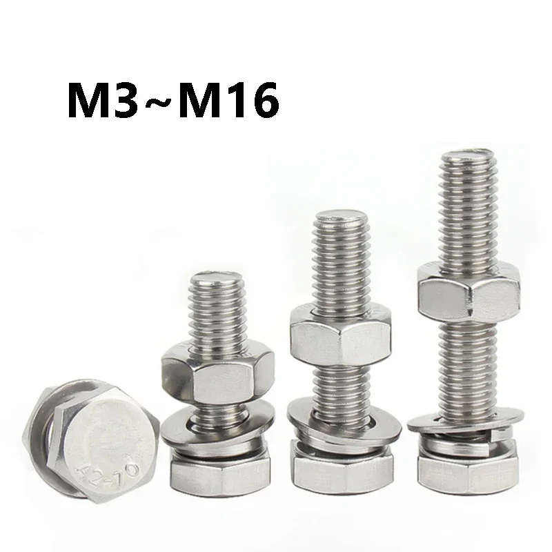 1~10Pcs 304 Stainless Steel Hexagon Bolts Lock Nuts Washers Set M3 M4 M5 M6 M8 M10 M12 M14 M16 Hexagon Head Combination Screws