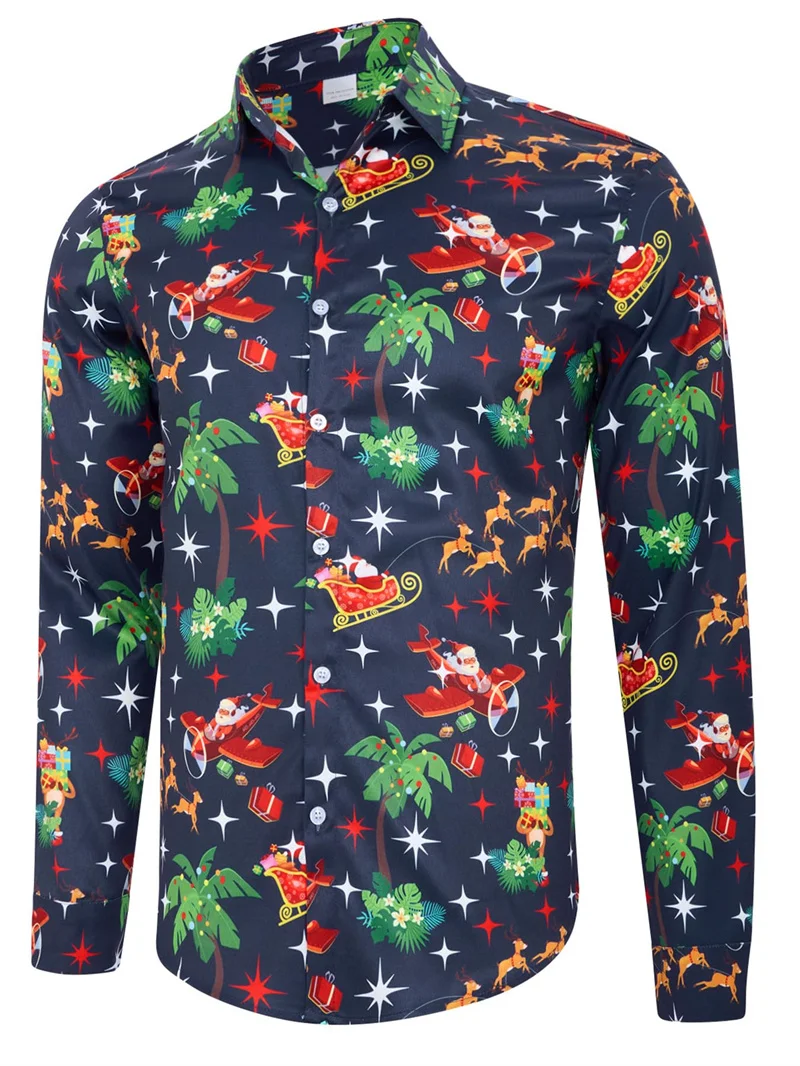 Christmas Theme 3D Printed Men's Button Shirts Fashion Long Sleeve Blouse Holiday Party Tops New Year Couple Streetwear Clothing