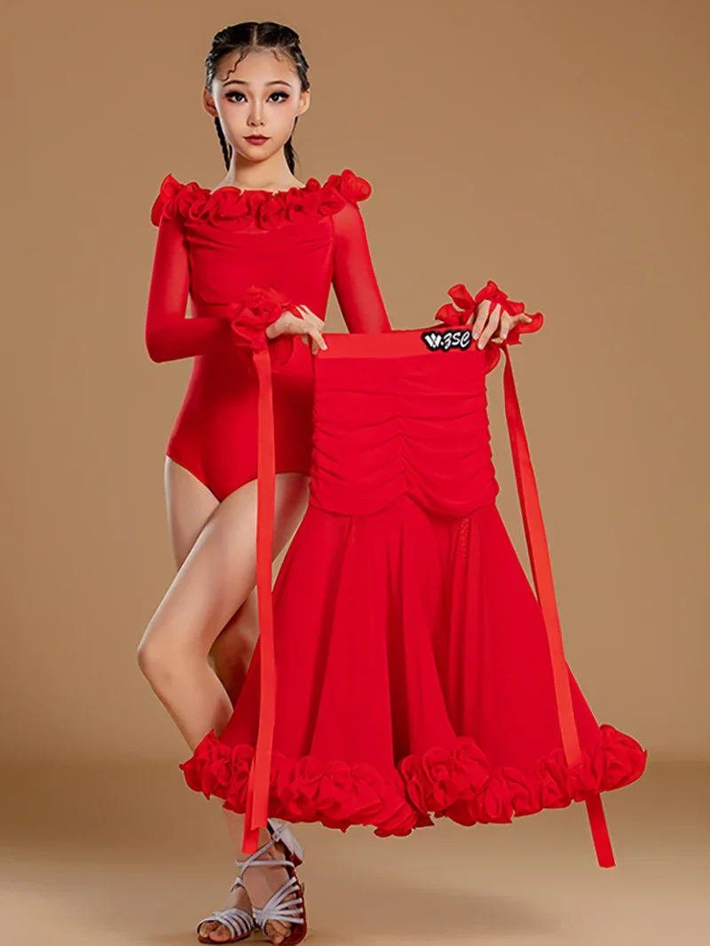 Roter Walzer, Tango, Gesellschaftstanz, professionelle Kleider, Netz-Body und große Rüschenröcke, moderne Tanzkostüme für Kinder und Mädchen