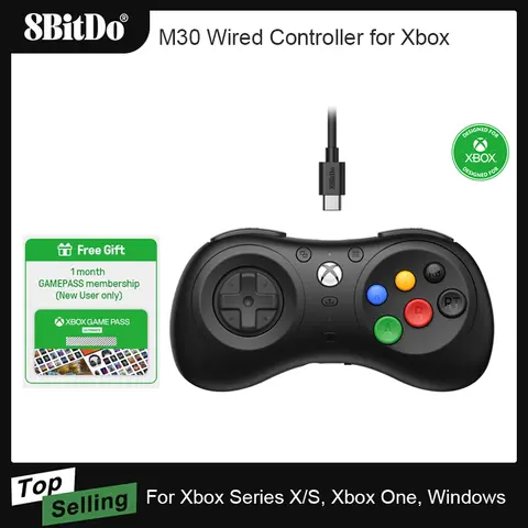 Xbox 시리즈 X/S, Xbox One 및 Windows용 8BitDo M30 유선 컨트롤러(6버튼 레이아웃 게임패드 조이스틱 액세서리 포함)