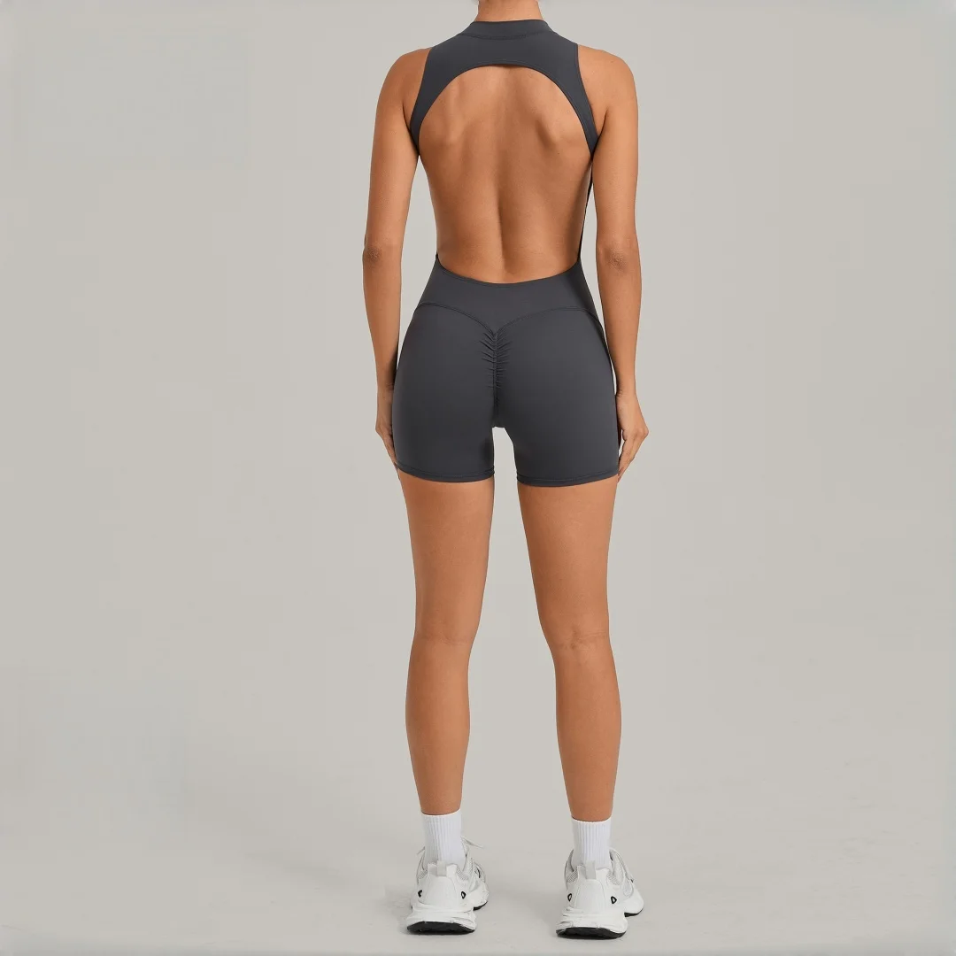 Women's Yoga Jumpsuit Sports Fitness Hip Lift Backless Half Zipper One-piece Pilates Running Workout Gym Yoga Shorts Bodysuit