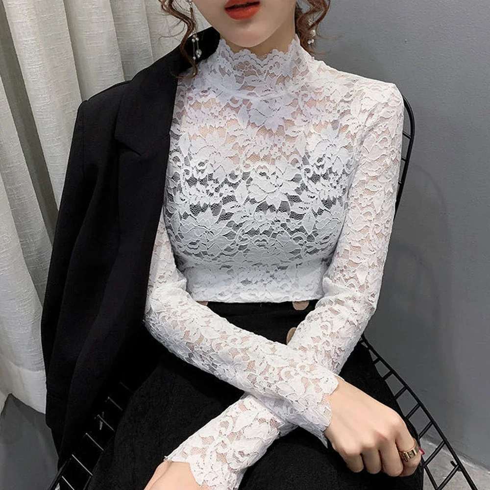 Women Stretch Turtleneck Petal Sleeve Shirt Women Blue Green White Black Flowers Lace T Shirt Ladies S-2XL Tops Fashion Ladies