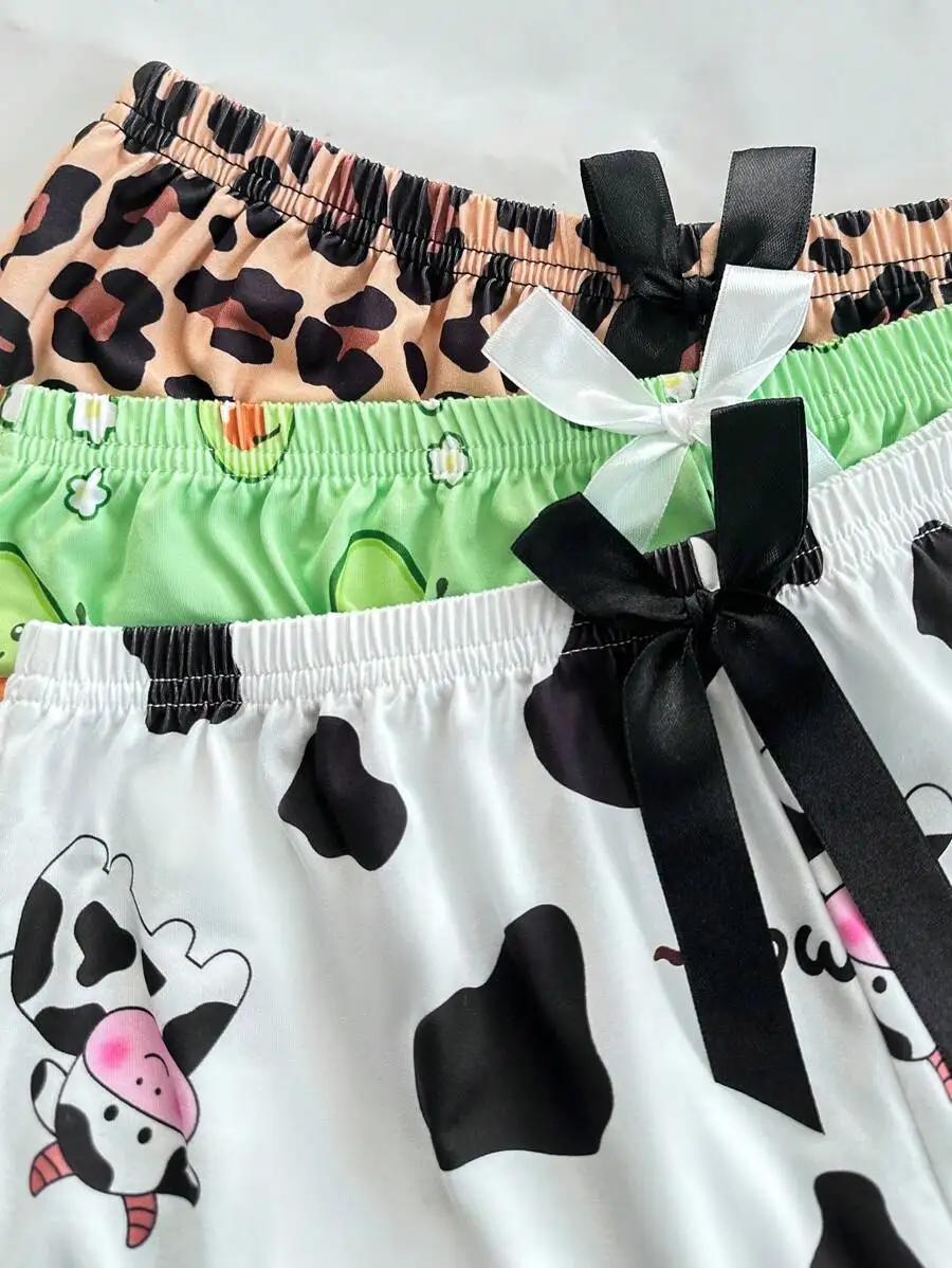 

3pcs Women Cartoon Print Pajama Set With Lace Trim And Bow Detail