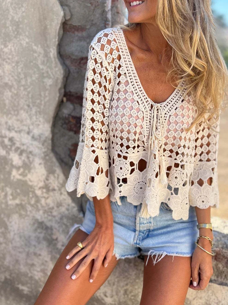 Top Casual de Cor Sólida com Amarração, Primavera Verão, Sexy, Decote em V, Top de Praia Transparente, Estilo Boêmio, Cobertura em Malha