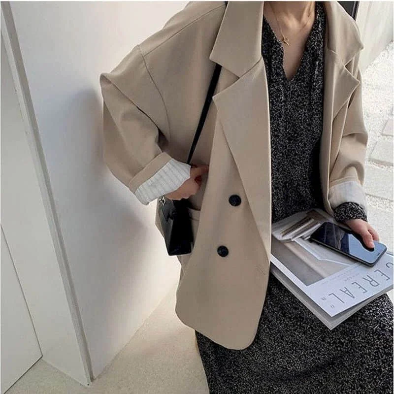 Solid Blazers for Women Elegant Oversized Long Sleeve Casual Basic Jackets Vintage Tailored Collar Coats Korean Style Women Tops