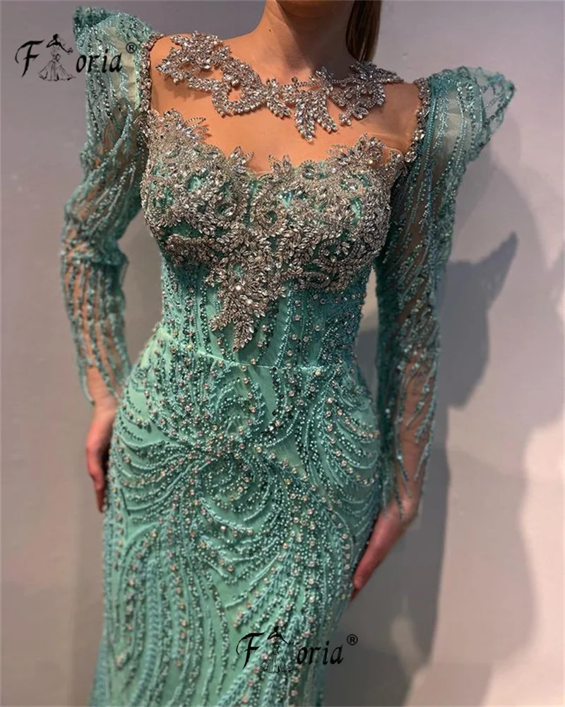 Sheer Neck Mint Green Dubai Evening Dress Heavy Beads Crystal Silver Mermaid Formal Occasion Gown vestido elegante mujer 2024