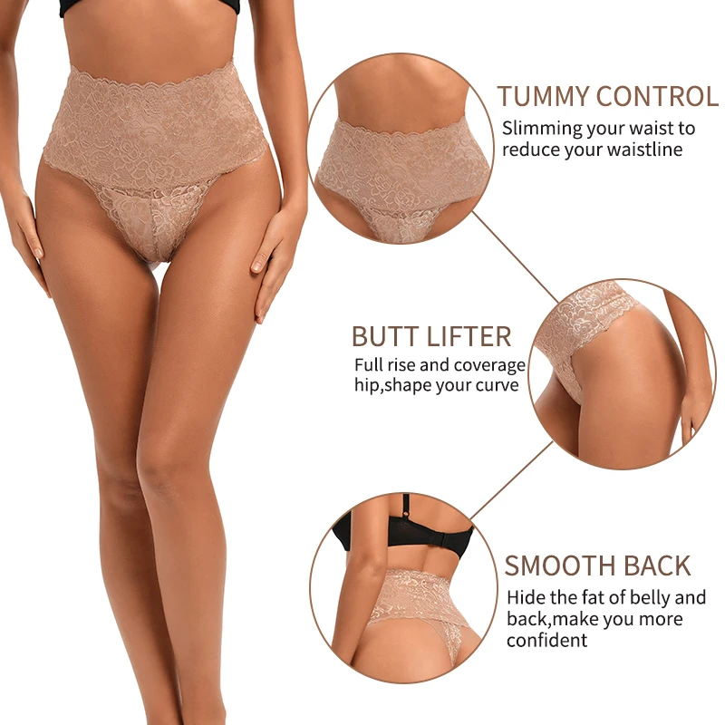 Women Butt Lifter Shapewear Lace T-back High Waist Tummy Control Panties Smooth Waist Trainer Body Shaper Seamless Underwear