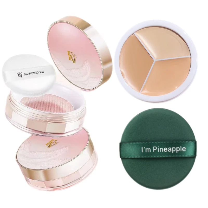 FV 3G Pearl Mineral Loose Powder Set with Puff and 3 colors Foundation Waterproof Matte Setting Face Makeup Oil-control Cosmetic