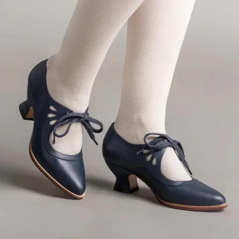 

2026 Retro Jane Pumps Woman Vintage Lace Up Low Heel Dress Zapatos Ladies Brand Design Butterfly Wing Derby Shoes Plus Size