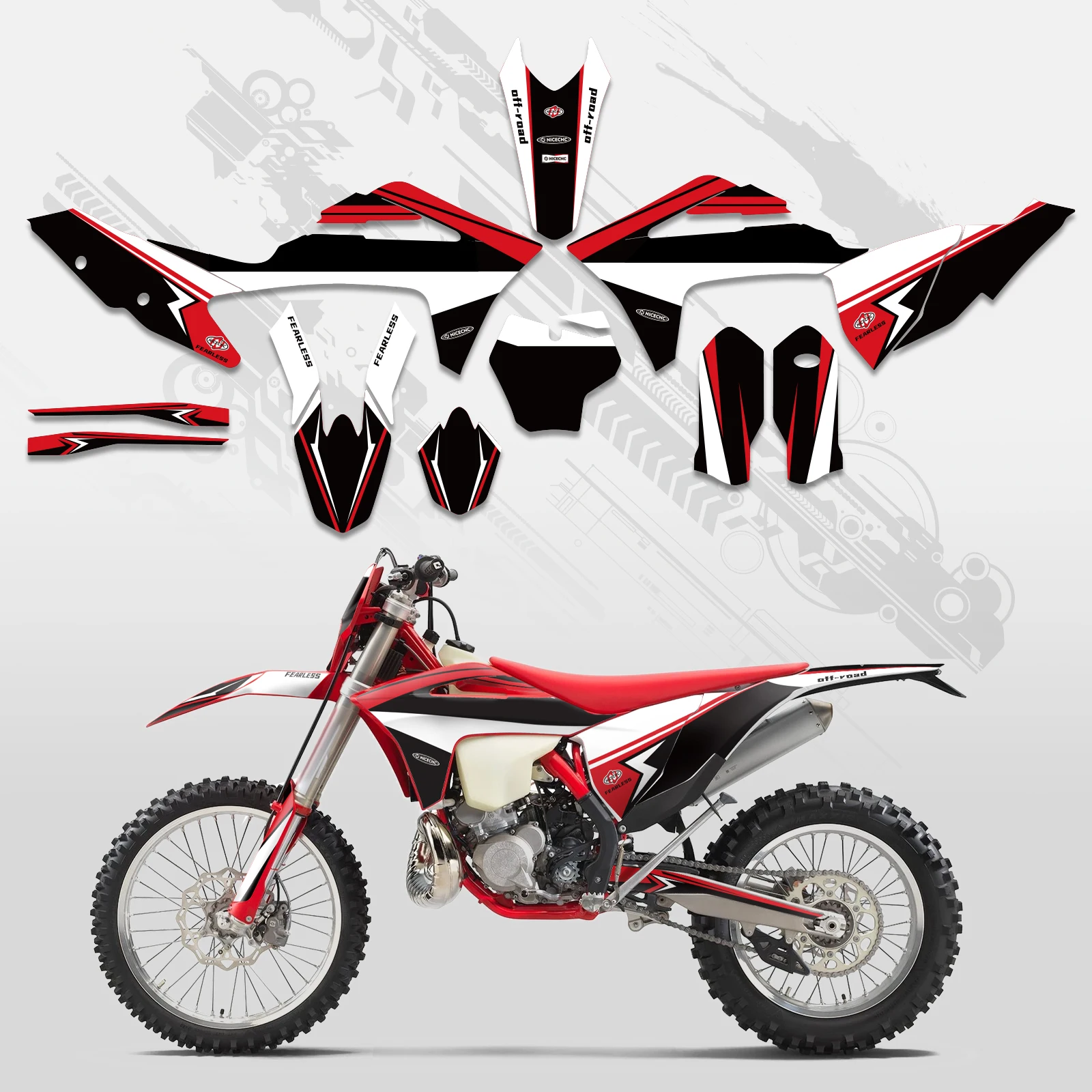 

Наклейки-декали NICECNC для мотоциклов GasGas MC 125, MC 250, MC 300, MC250F, MCF 350, MCF 450 (2021-2023) с индивидуальным дизайном