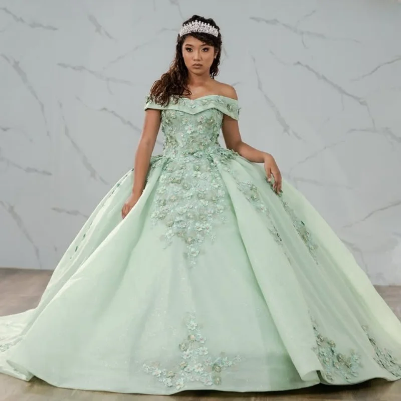 

Customized Shiny Mint Green Quinceanera Dresses Off the Shoulder Tull crystal applique flower Vestido De 15 Quinceanera