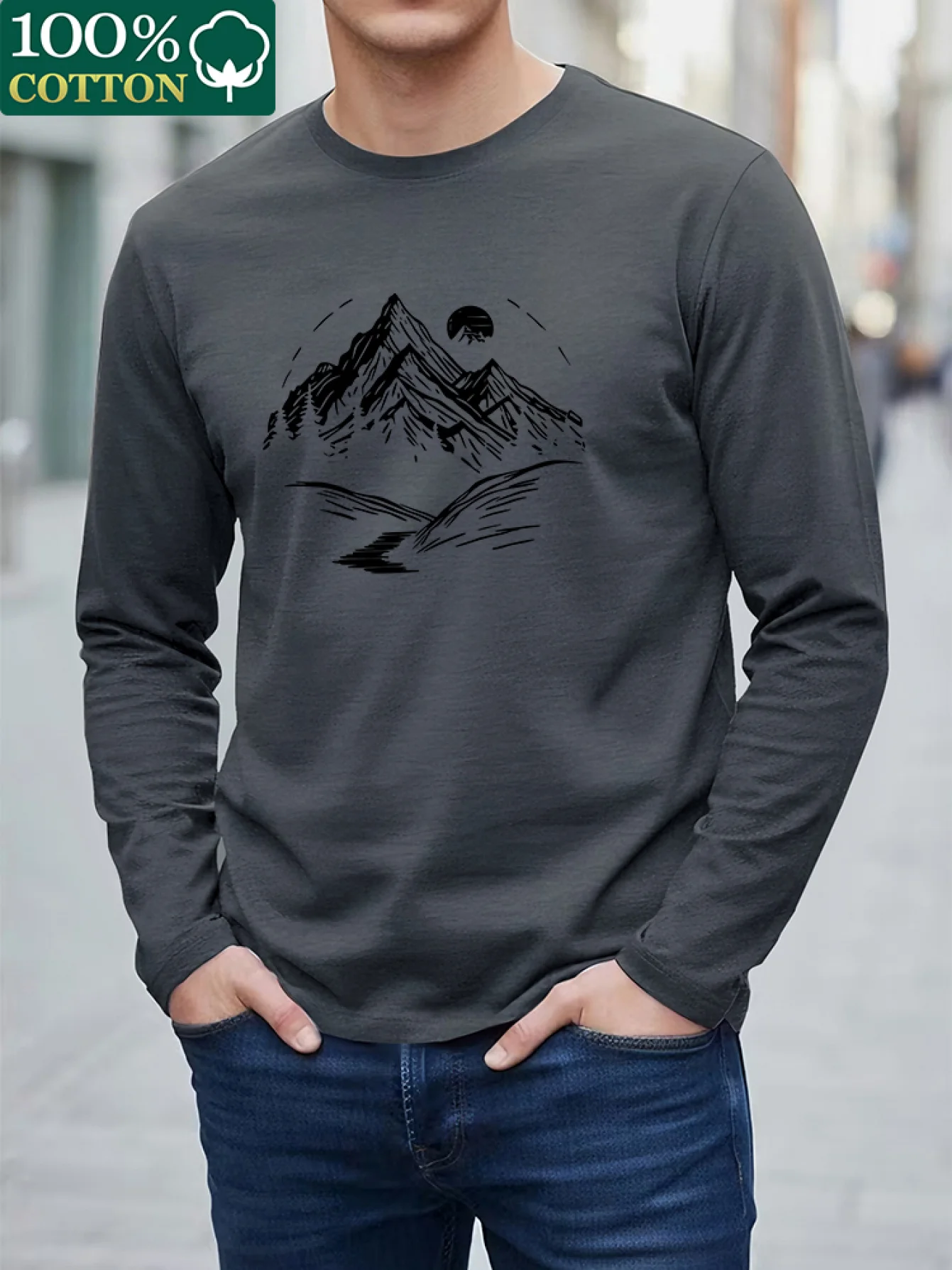 Men's 100% Pure Cotton Crew Neck Long Sleeve T-Shirt, Loose Fit, Fashion Pattern Print, Casual Versatile Top for Spring & Autumn