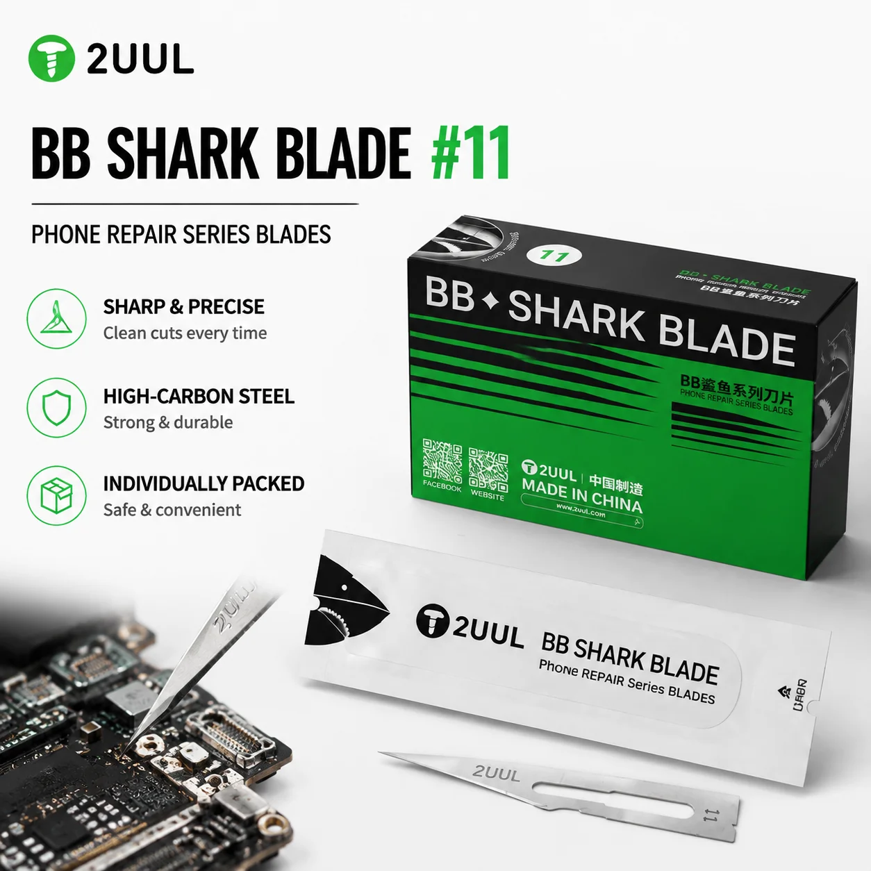 2UUL DA18 BB Shark Blade #11 Type 100PCS Sharp Edge Cutting Blade Easy Tear Design for Mobile Phone Repair