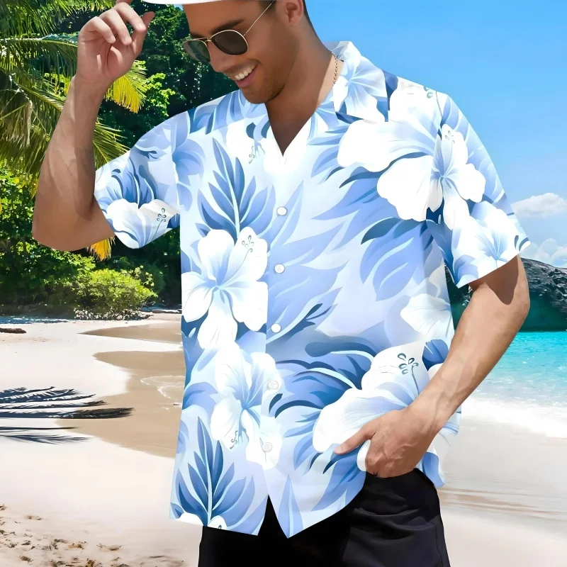 

Flower Cat Pattern Hawaiian Shirt For Men Fun Plants 3D Printed Short Sleeves Summer Loose Aloha Shirts Lapel Blouse Street Tops