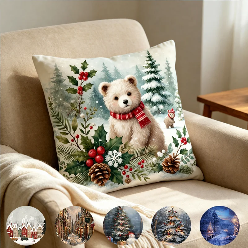 1PC Christmas bear single-sided printed pillow cover pine pillowcase soft plush cushion cover Christmas living room decoration
