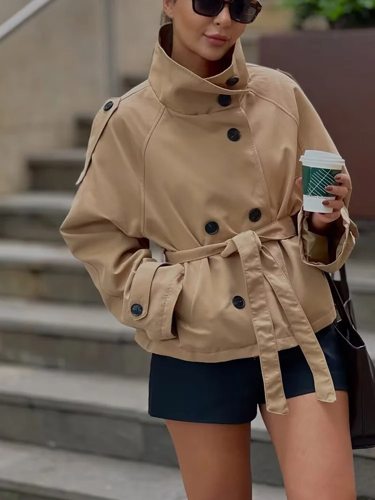 

European and American style autumn new fashion trend women's commuting all-match double-breasted lace-up windbreaker jacket