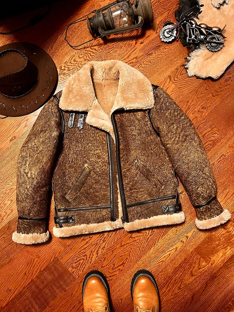 2024 New Winter B3 Original Sheep Fur Integrated Flight Men's Vintage Genuine Leather Motorcycle To Do Old Plus Size Thick Coats