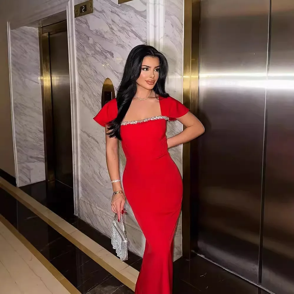 

Sexy Short Sleeve Square Collar Bodycon Maxi Bandage Dress Black Red Color Women Dresses Nightclub Party Birthday Fashion Wear