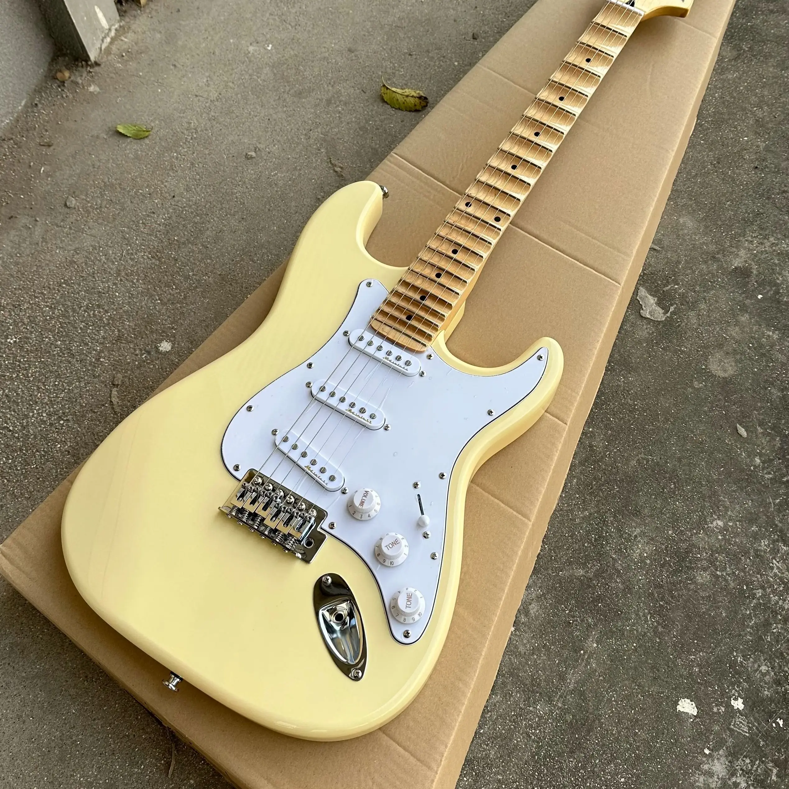 St yellow Electric Guitar Scalloped Maple Fretboard Big head white Pickguard 3S Pickups free shipping